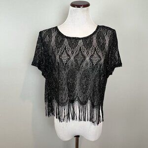 Women’s Large Black Navy Glitter Crochet Mesh Crop Top Short Sleeve Shirt
